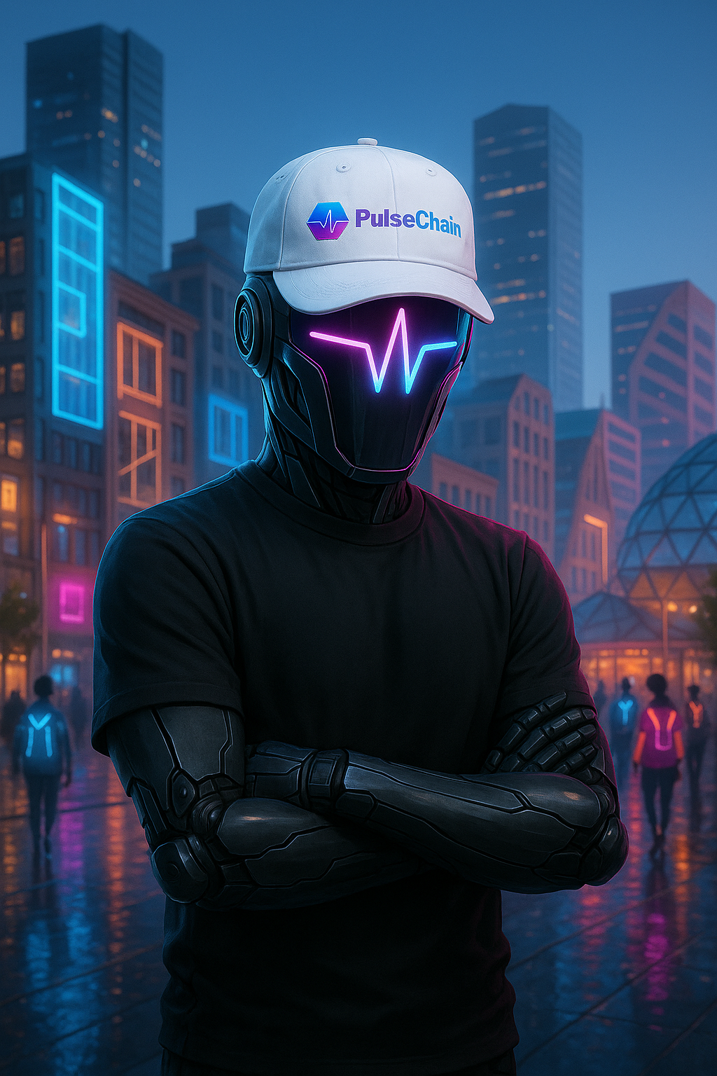 Pulse Sentinel wearing a white cap with 'PulseChain' logo in a neon cityscape at dusk.