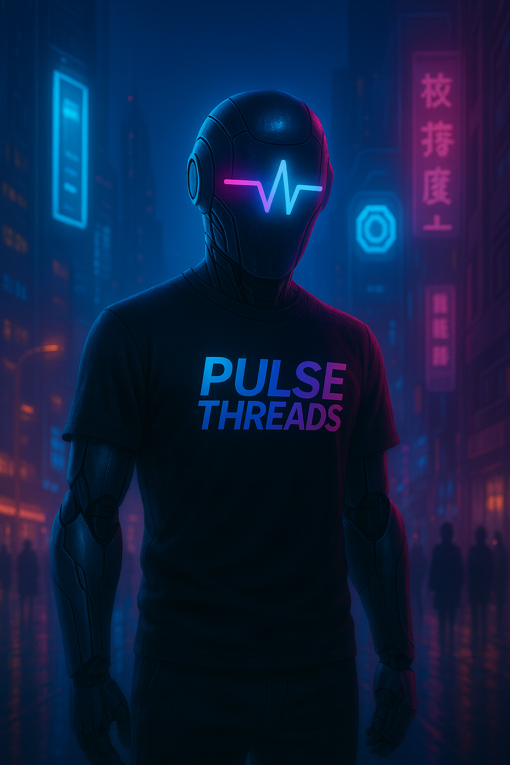 Pulse Sentinel wearing a helmet with a neon light and 'Pulse Threads' logo in a futuristic cityscape.
