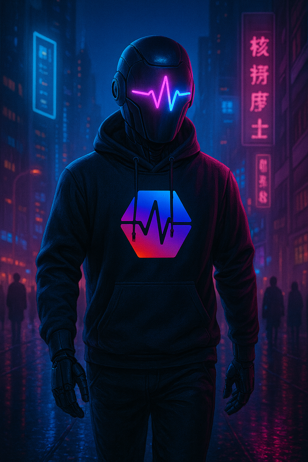 Pulse Sentinel wearing a hoodie with a futuristic design in a neon cityscape