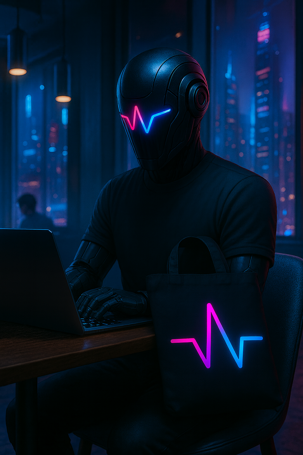 Pulse Sentinel wearing a futuristic helmet with neon lights in a dark coffee shop with cityscape background.
