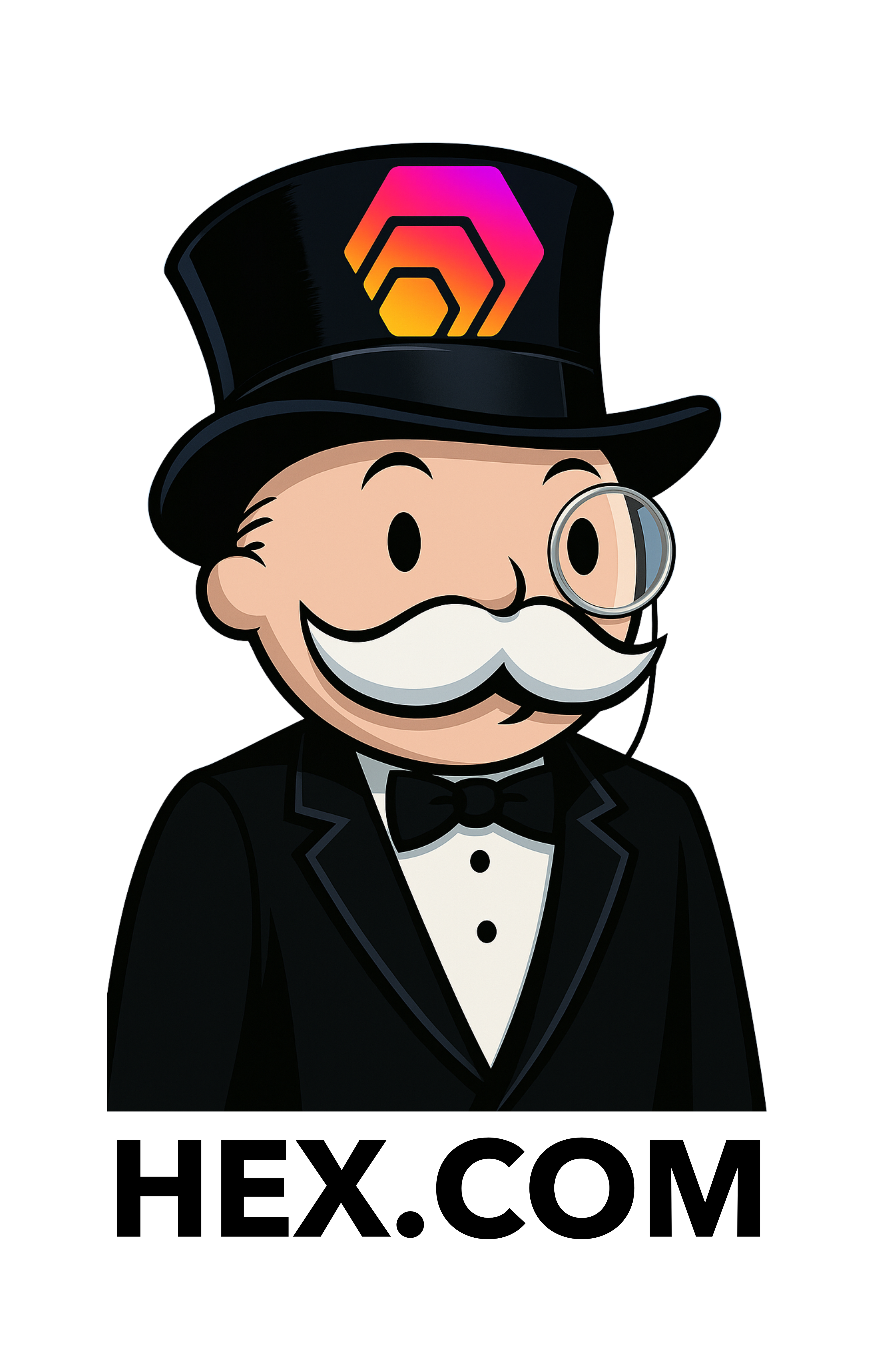 Mr. Monopoly in a HEX top hat with a magnifying glass, wearing a tuxedo, and the text 'HEX.COM' below.