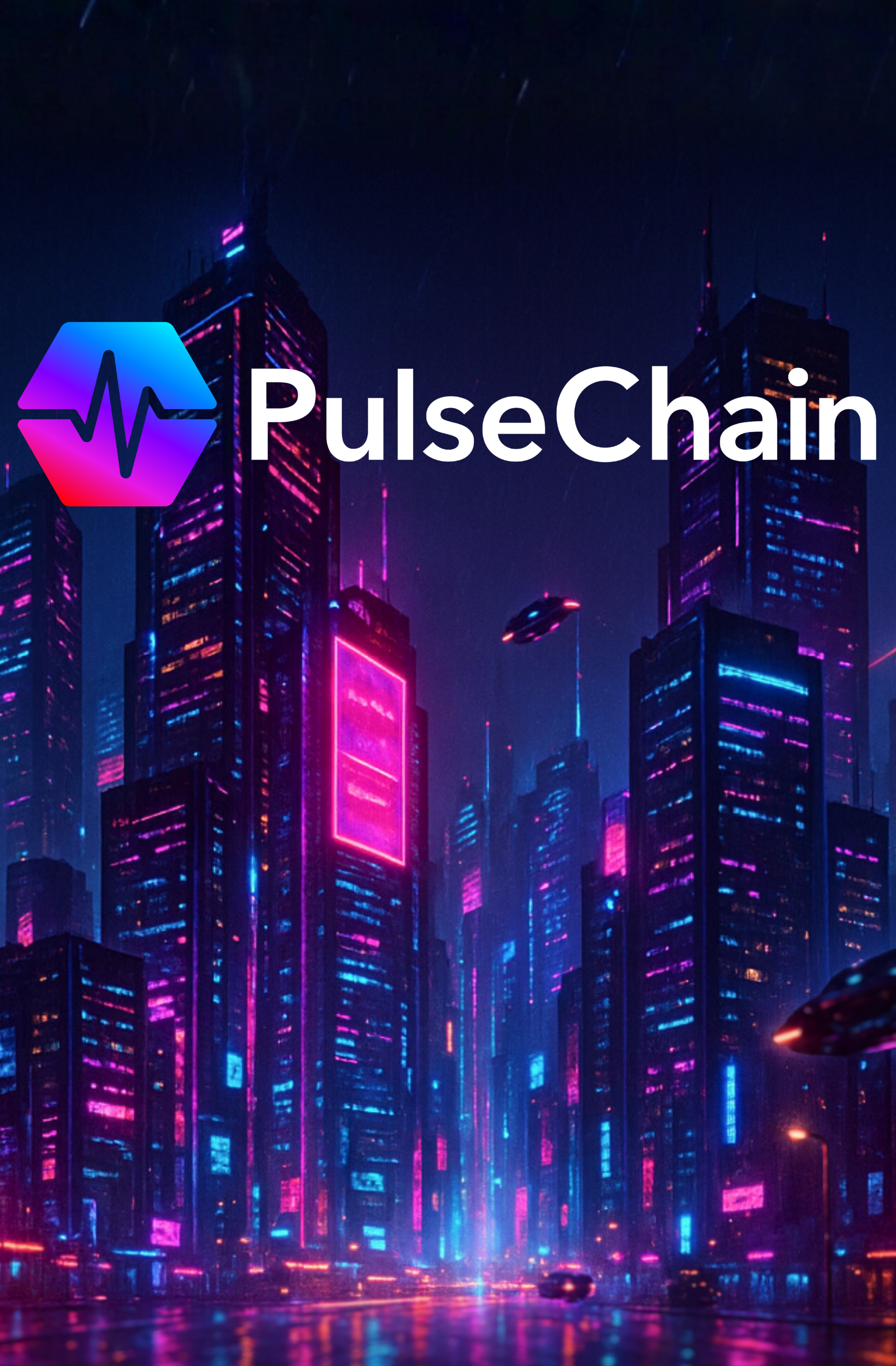 PulseChain logo with a futuristic neon cityscape at night