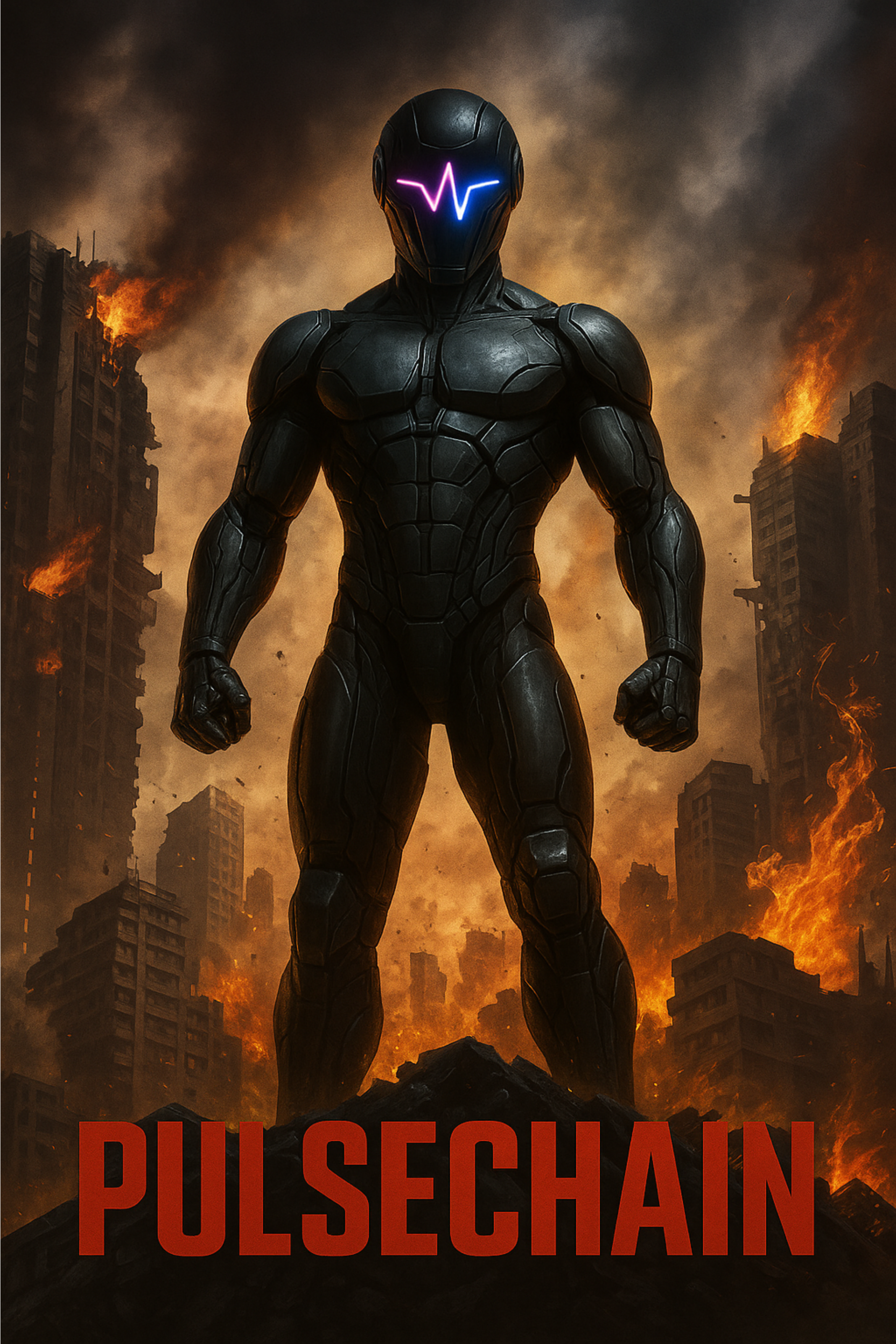Superhero in black robotic suit with glowing visor against a fiery cityscape, red 'Pulsechain' text at bottom.
